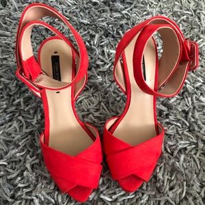 zara peep toe heels with buckle, red/coral